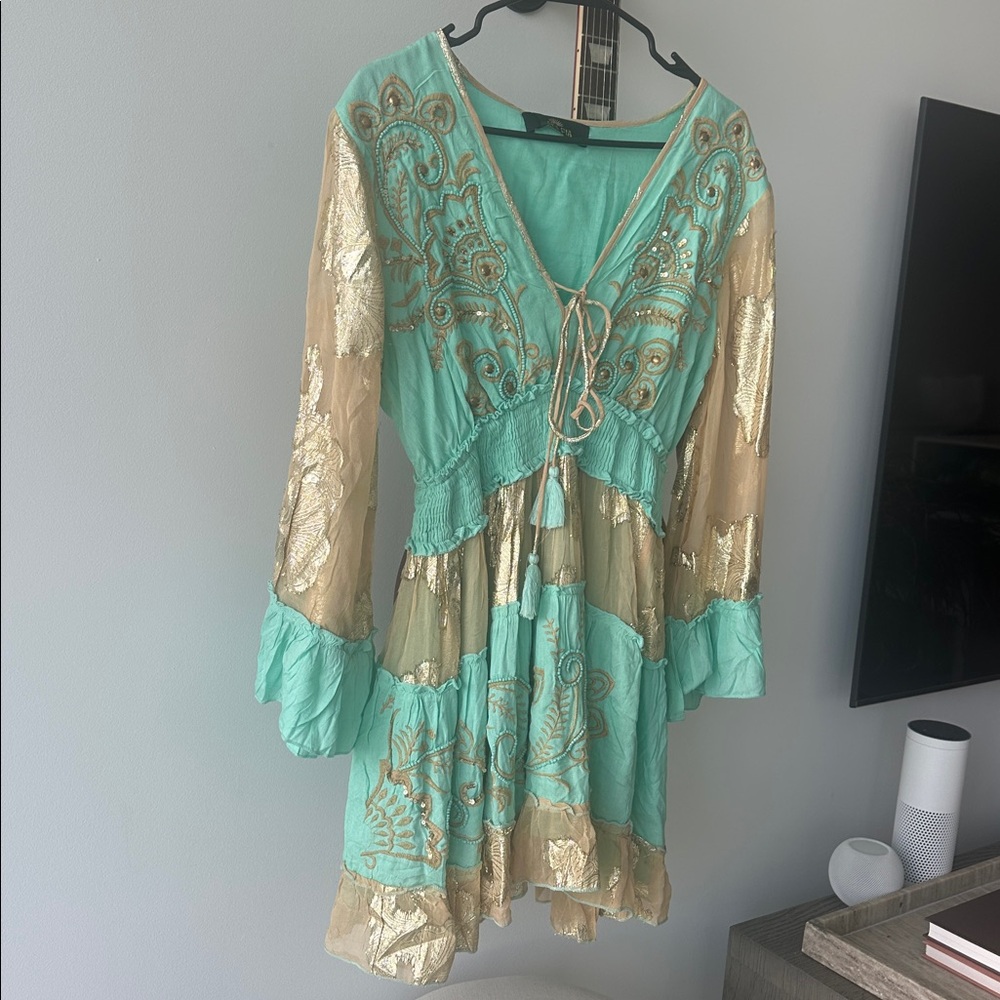 Turquoise Green & Gold Long sleeve Embroidered Embellished Dress Boho Chic NEW